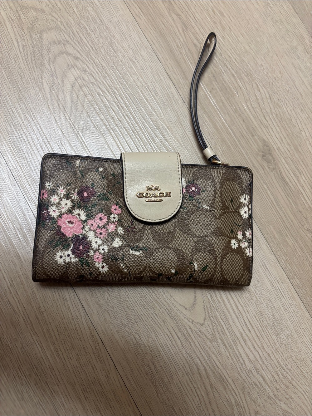 Coach Brown Signature Floral Wristlet with Cream Snap